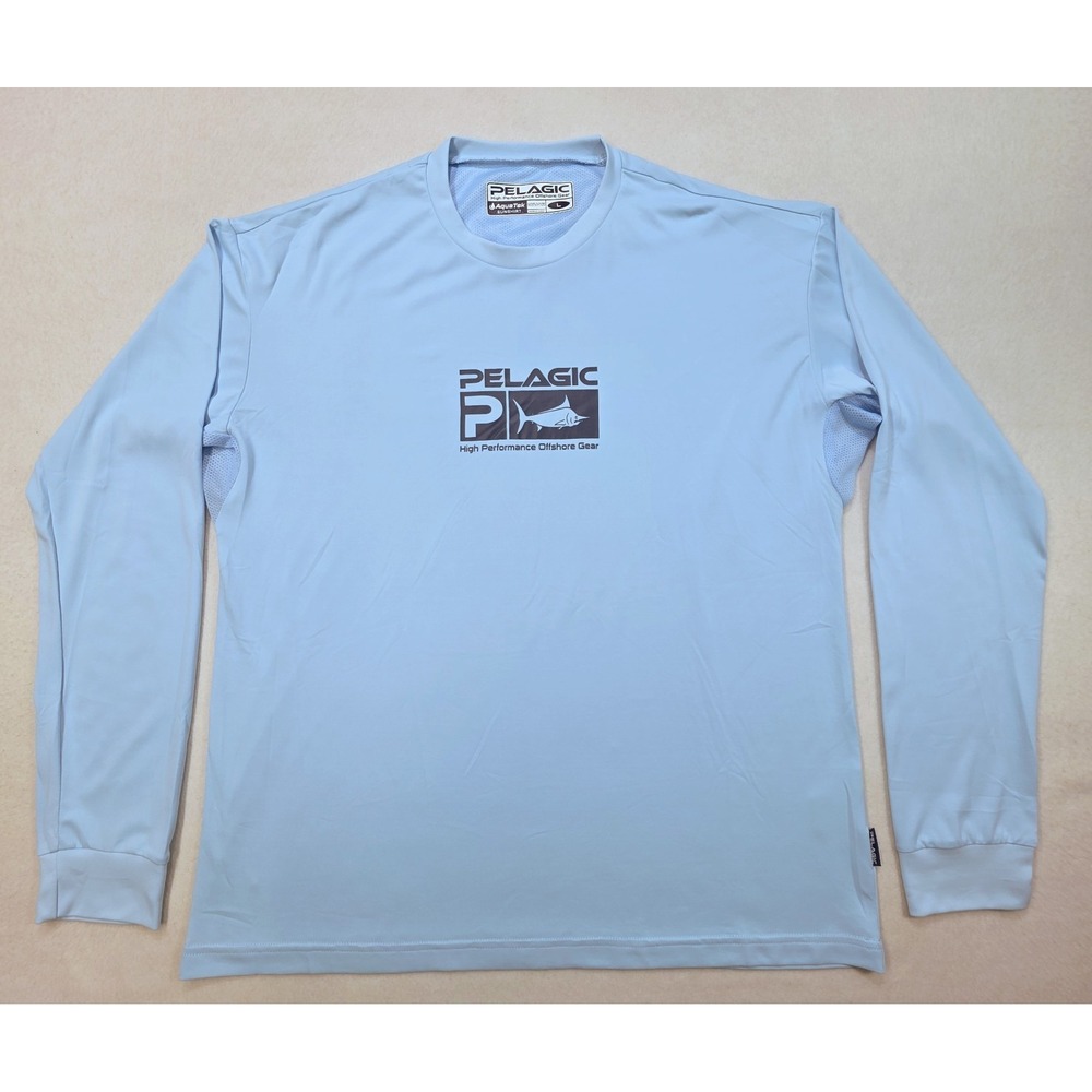 Pelagic‎ Shirt Mens L Blue Black LIMITED USE Aquatek Offshore UV Sun Protection